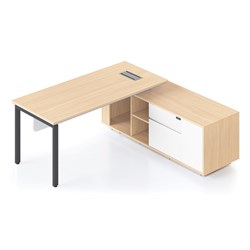 Rapidline Casa Executive Desk + RHS Cabinet + Panel Profile Leg 2000Wx1800Dx748mmH Oak/Blk