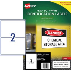 Avery Identification Laser Heavy Duty White L7068 199.6x143.5mm 2UP 50 Labels